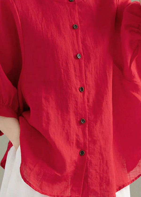 Art Red O-neck Button Linen Loose Shirt Top Lantern Sleeve