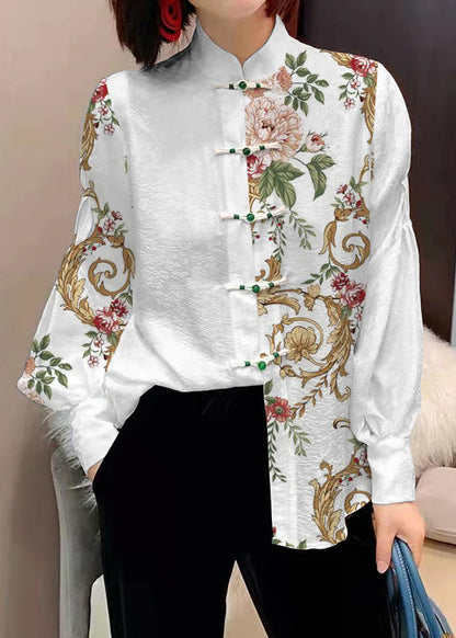 Chinese Style White Stand Collar Button Jacquard Silk Blouse Tops Lantern Sleeve