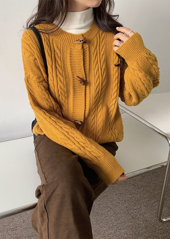 Yellow O Neck Button Cable Knit Cardigans Spring