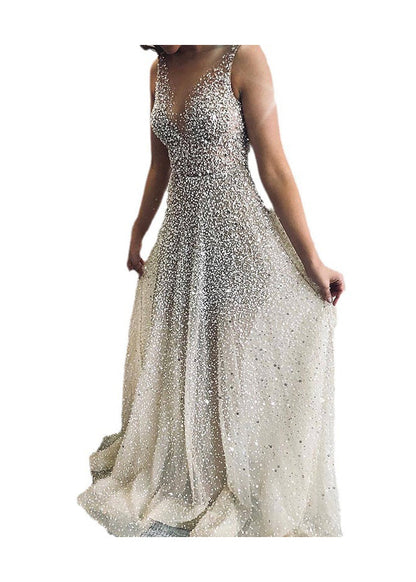 Silver V Neck Spaghetti Strap Dress Summer