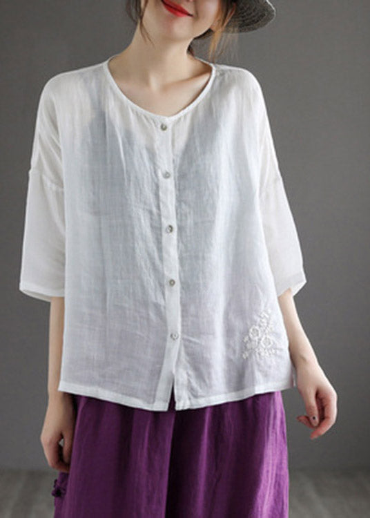Classy Coffee O-neck Embroidered Button Linen Shirt Half Sleeve