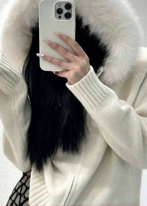 White Fur Collar Zippered Knit Coats Winter