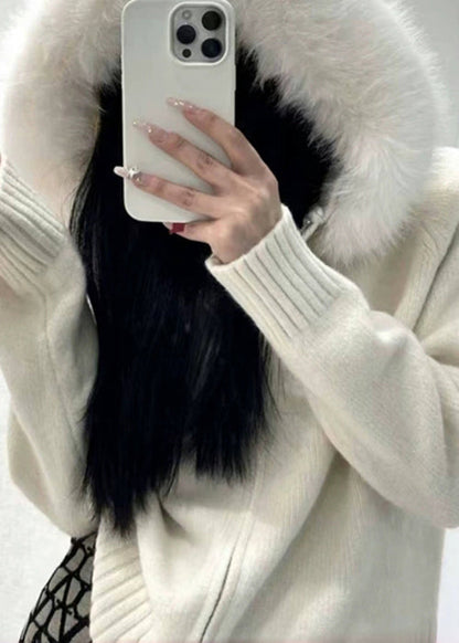 White Fur Collar Zippered Knit Coats Winter