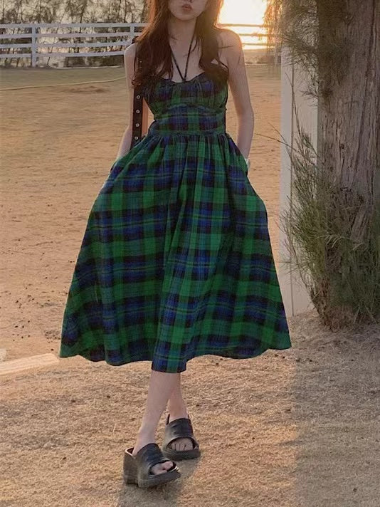 Retro Green Plaid Waist Backless Slip Dress