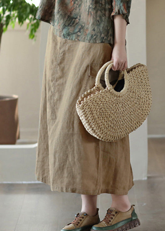Classy Khaki Patchwork High Waist Linen a Line Skirts Summer