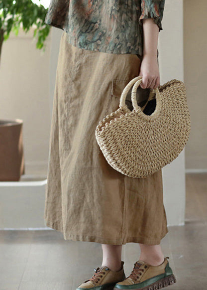 Classy Khaki Patchwork High Waist Linen a Line Skirts Summer