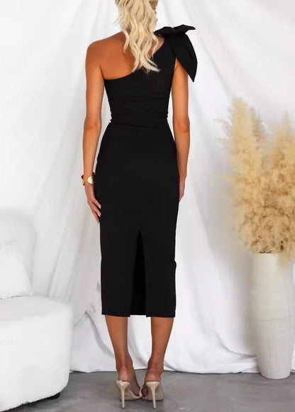 Slim Fit Rose One Shoulder Bow Cotton Long Dress Summer