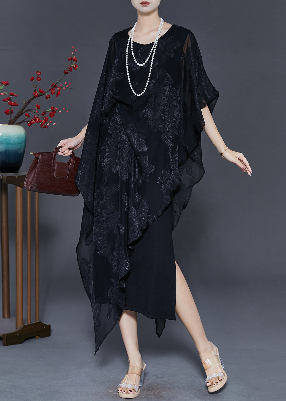 Black Cold Shoulder Jacquard Silk Dresses Summer