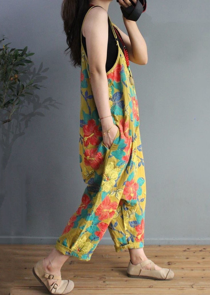 Yellow Print High Waist Cotton Jumpsuit Sleeveless
