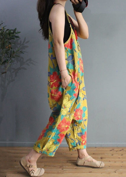 Yellow Print High Waist Cotton Jumpsuit Sleeveless