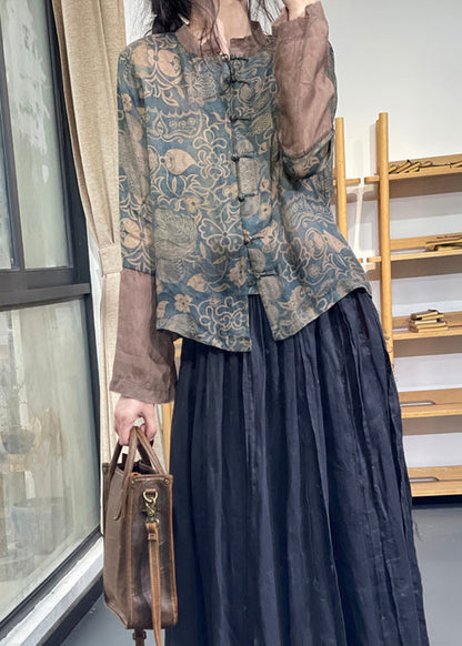 Blue Stand Collar Print Chinese Button Ramie Linen Top Long Sleeve