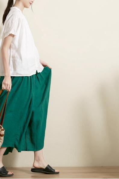 Summer Green and Purple Loose Linen Skirt for