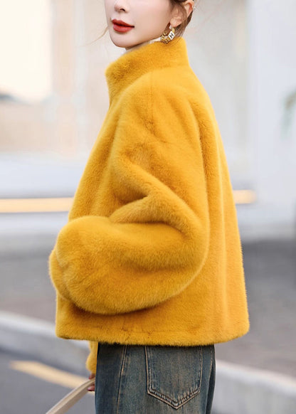 Yellow Stand Collar Zip Up Faux Fur Short Coats Winter