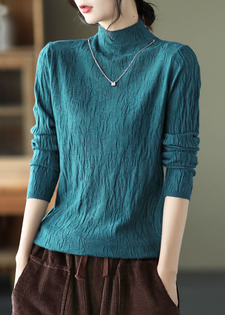 Peacock Blue High Neck Wrinkled Cotton Tops Fall