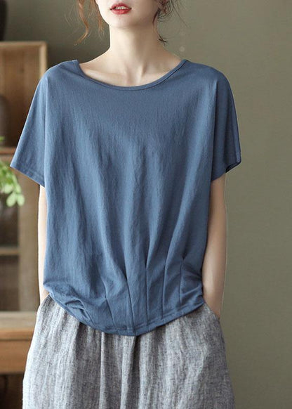 Brick Red Asymmetrical Design O-neck Patchwork Summer Cotton Shirts