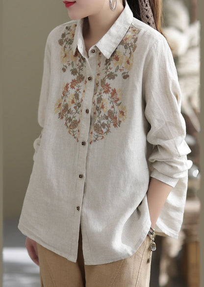 Beige Peter Pan Collar Embroidered Linen Top Spring