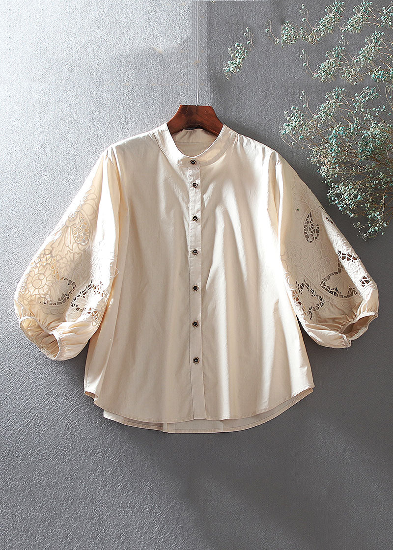 Brief White O-neck Hollow Out Cotton Shirt Bracelet Sleeve