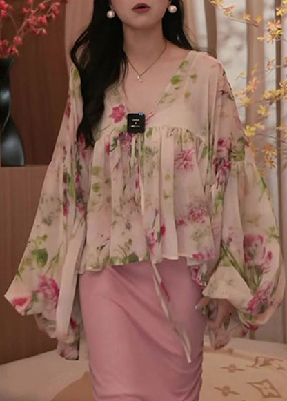 Spring Sweet Printed Asymmetrical Lantern Sleeve Shirt Top