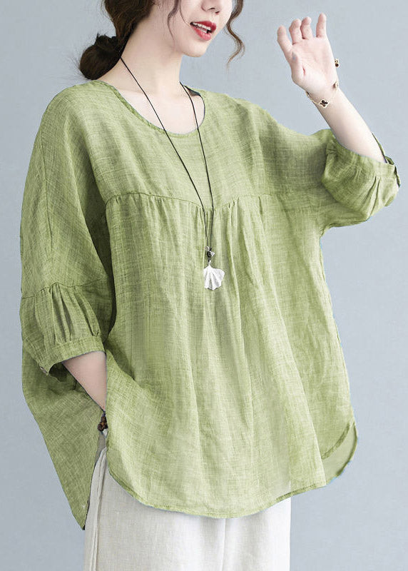 Green O-neck Patchwork Wrinkled Top Half Sleeve