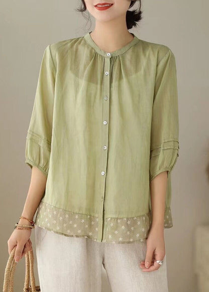 Green Stand Collar Print Patchwork Linen Shirt Tops Summer