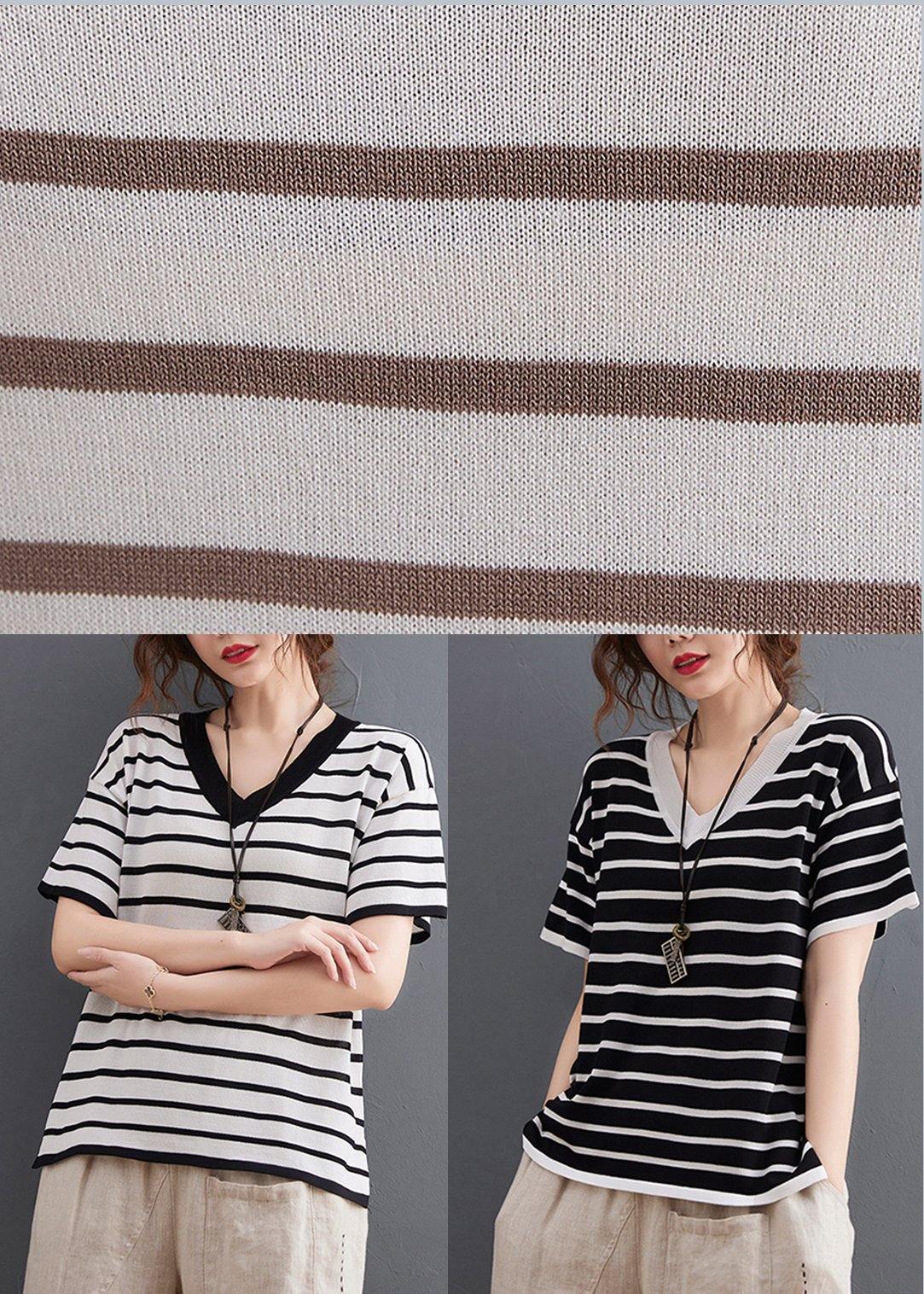 White Striped Cotton Linen Tops Summer