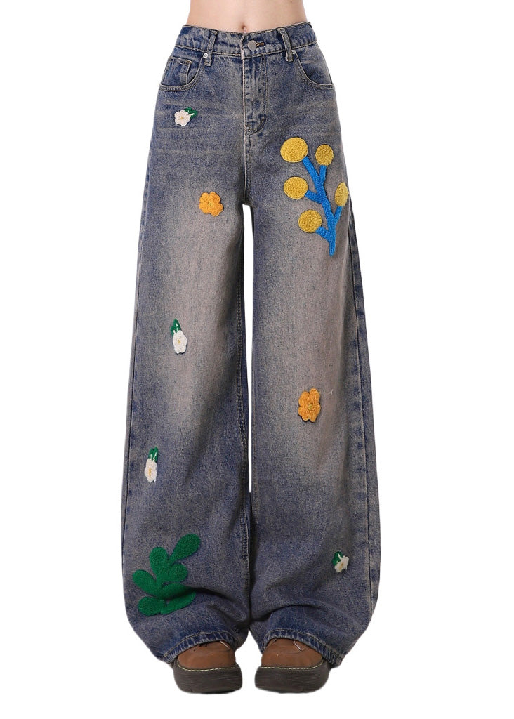 Blue Embroidered Denim Straight Pants Spring