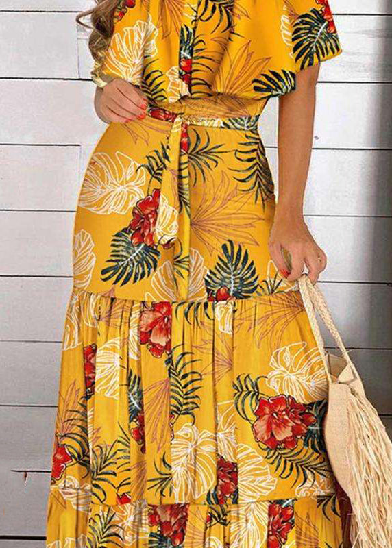 Yellow Cold Shoulder Print Wrinkled Maxi Dress Short Sleeve