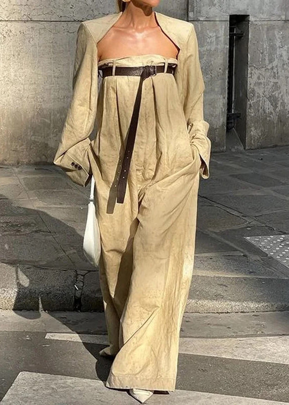 Camel Patchwork Sashes Jumpsuits Flare Sleeve