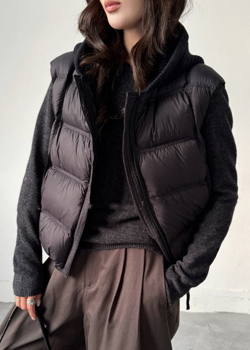 Black Zippered Pockets Knit Patchwork Duck Down Waistcoat Sleeveless