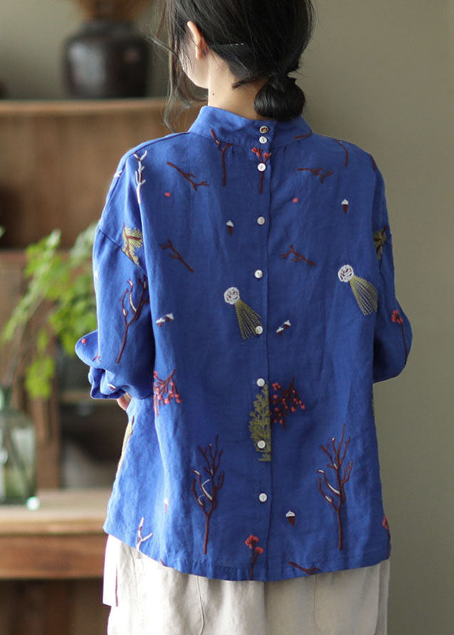 Stylish Gray Flower Embroidered Retro Linen Blouse Tops Spring