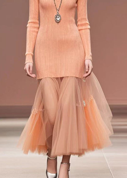 Unique Brick Red V Neck Patchwork Tulle Long Sweater Fall