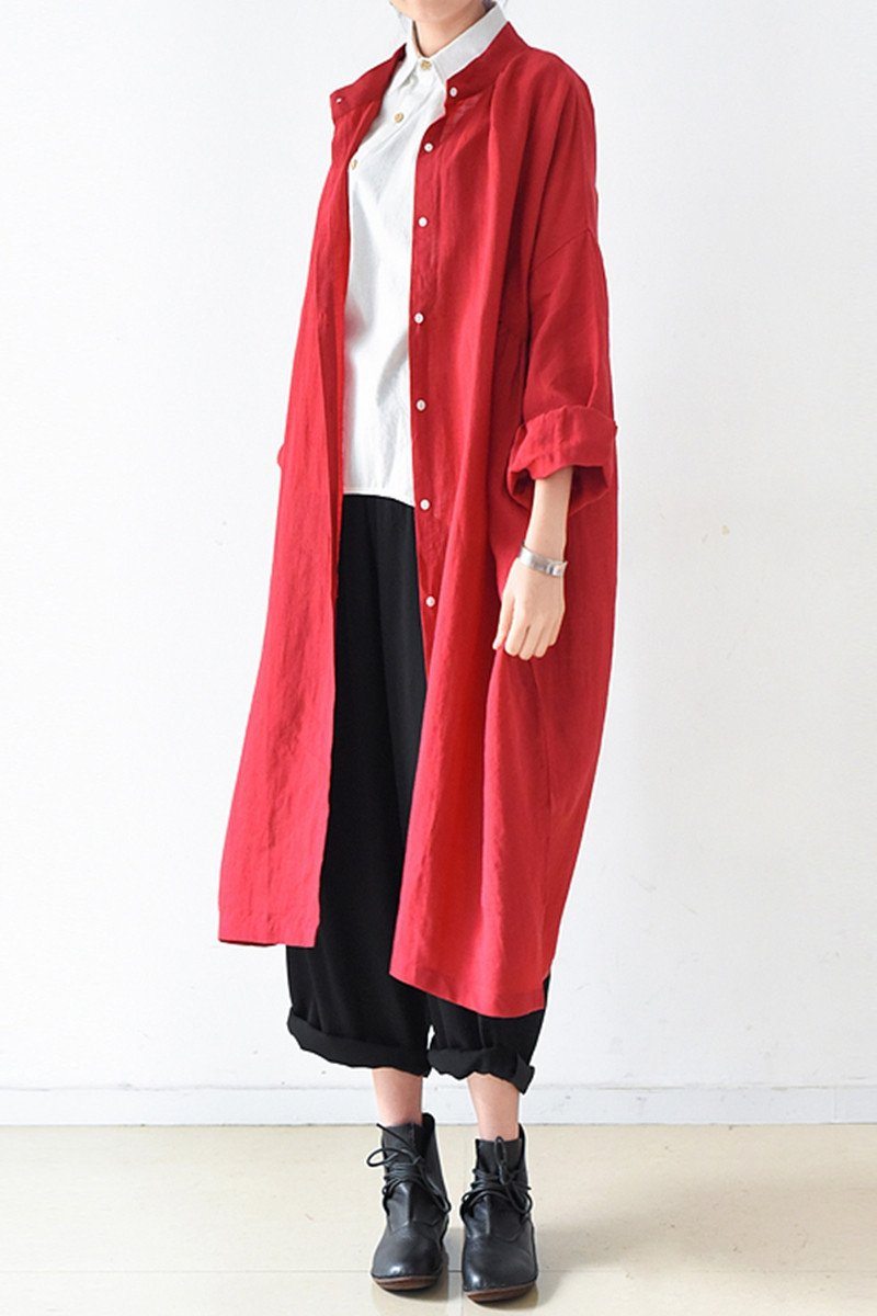 Red Loose Fitting Gown Single Breasted Large Size Maxi Dress Long Shirt Dress