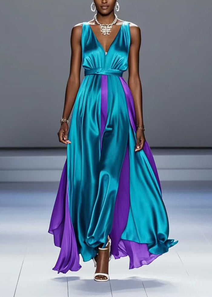 Green Asymmetrical Patchwork Exra Large Hem Silk Long Dress Summer