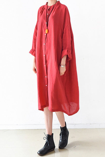 Red Loose Fitting Gown Single Breasted Large Size Maxi Dress Long Shirt Dress