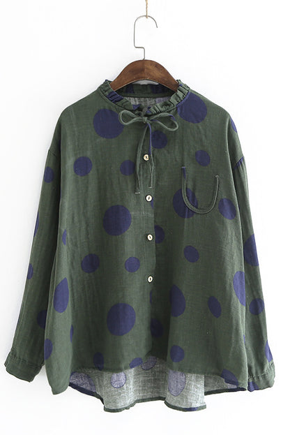 -linen Polka Dot Print Shirt Long-sleeved Loose Top