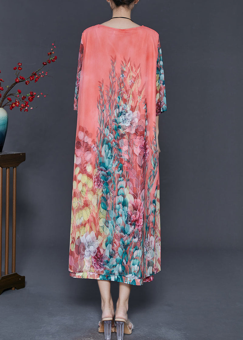 Diy Pink Oversized Print Chiffon Long Dress Bracelet Sleeve
