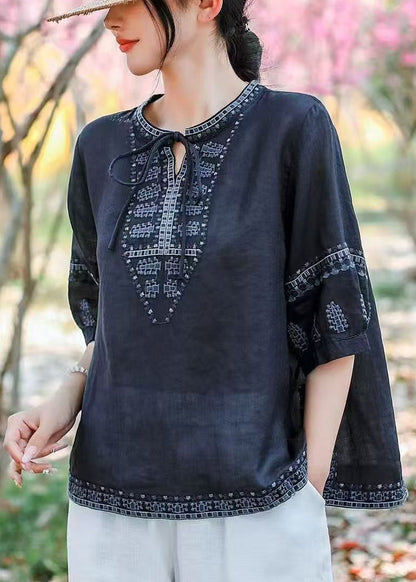 Navy Embroidered Linen Blouses Summer