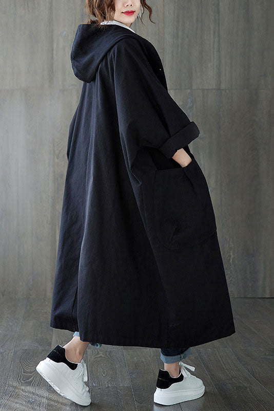 - Spring Loose Large Pocket Hooded Trench Coat