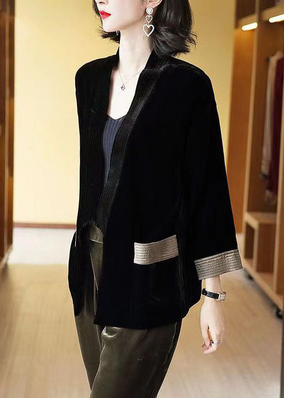 Loose Black V-neck Pockets Patchwork Silk Velour Cardigans Bracelet Sleeve