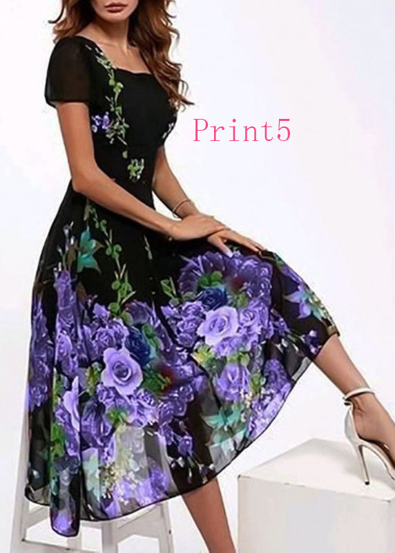 New Square Collar Print Cotton Long Dresses Summer