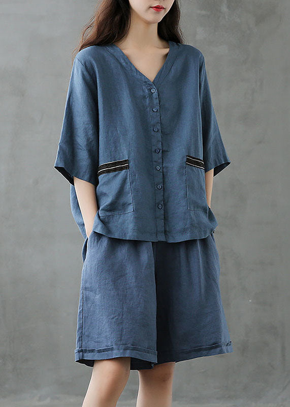 Red Button Patchwork Tops and Shorts Linen Two Pieces Set Summer