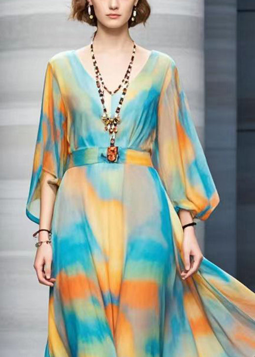 Cinched Tie Dye Chiffon Maxi Dresses Fall