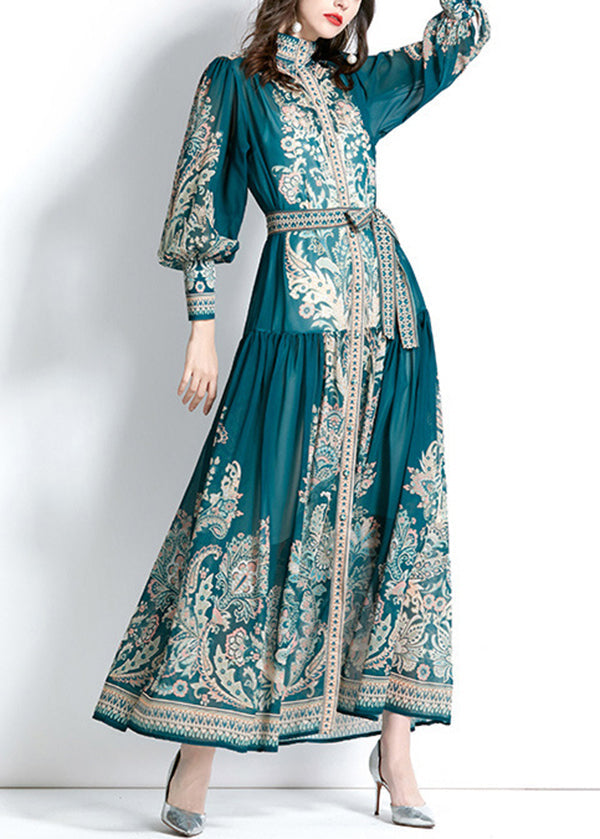 Green Stand Collar Print Tie Waist Chiffon Dress Lantern Sleeve
