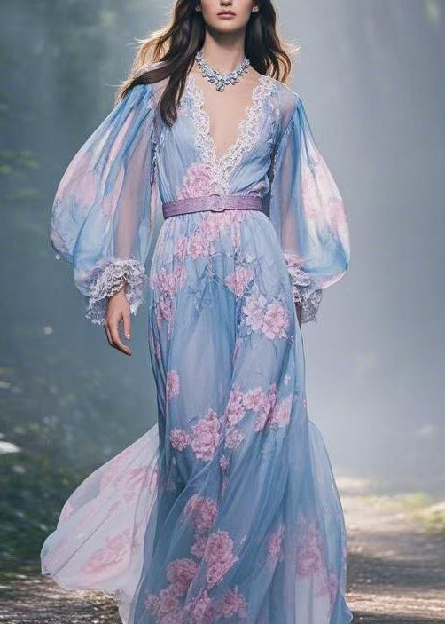 Print V Neck Lace Sashes Patchwork Chiffon Maxi Dresses Spring