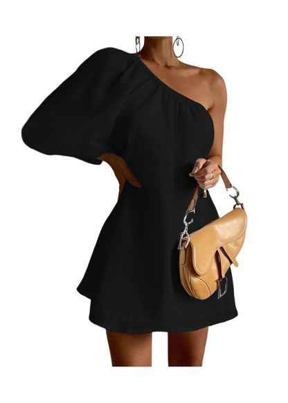 Stylish White One Shoulder Cotton Mid Dresses Puff Sleeve