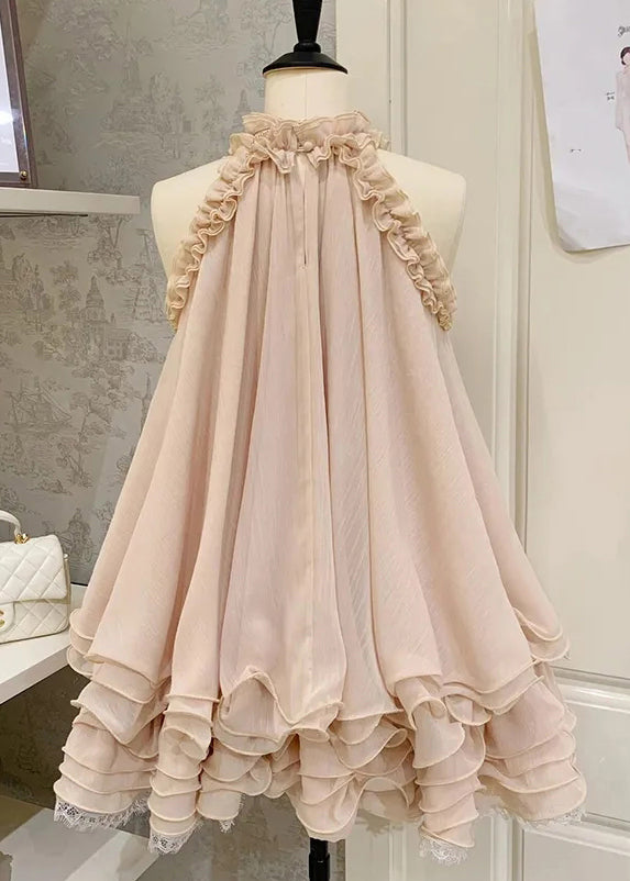 Pink Ruffled Lace Tulle Mini Dress Sleeveless