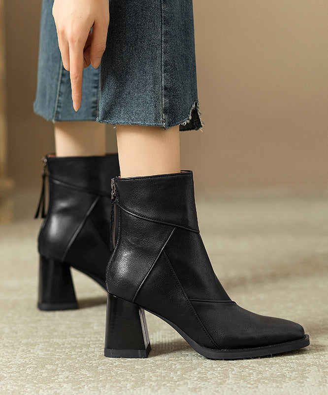 Brown Zippered Faux Leather Splicing Chunky Boots