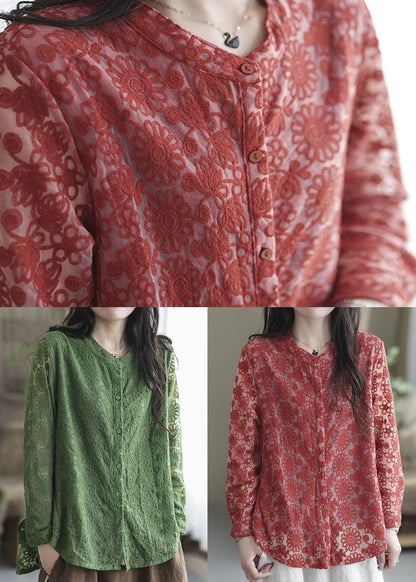 Green Lace Tops Asymmetrical Embroidered O-neck Spring