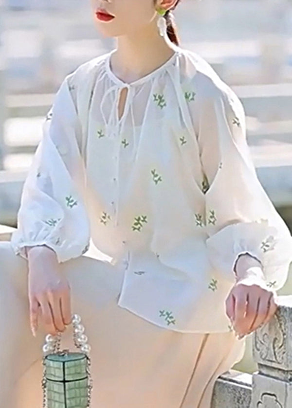 White Embroidered Lace Up Cotton Shirt Set Spring