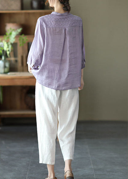 Natural Purple Peterpan Collar Button Embroidered Fall Top Long Sleeve